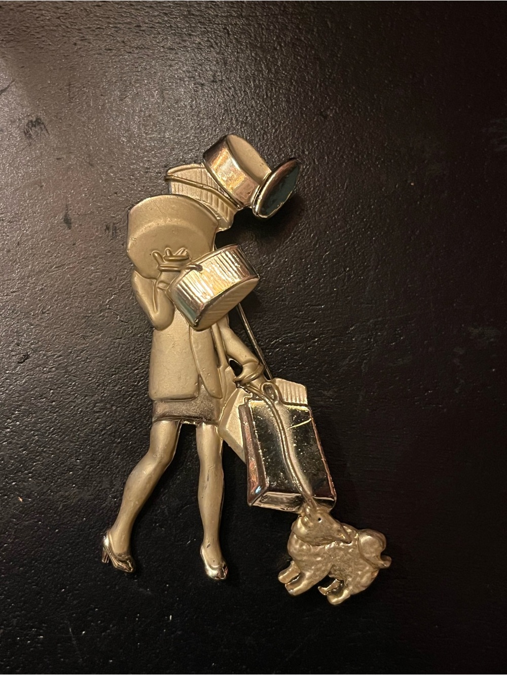 Vintage Gold-Tone Woman with Luggage and Poodle Brooch AJC